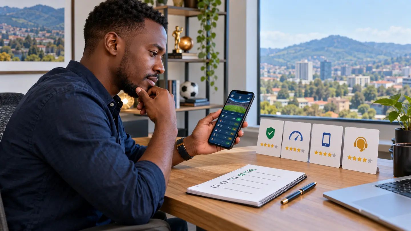 Adult user independently reviewing a mobile sports platform in Kigali