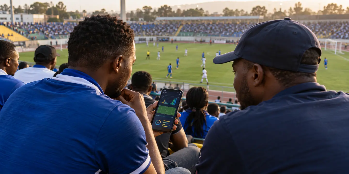 Adult football supporters reviewing match statistics at a Rwanda stadium