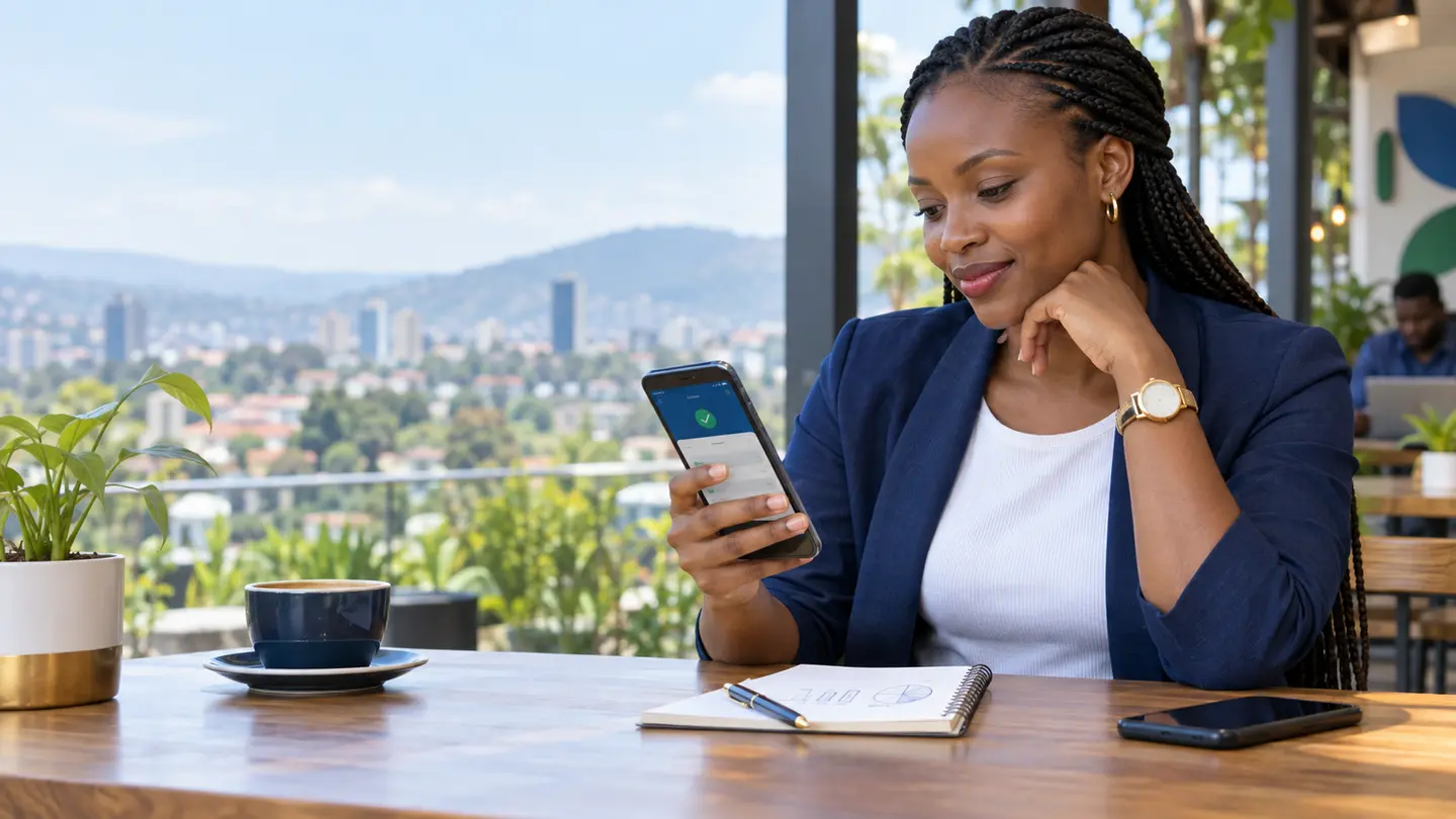 Adult mobile-money user checking a transaction securely in Kigali