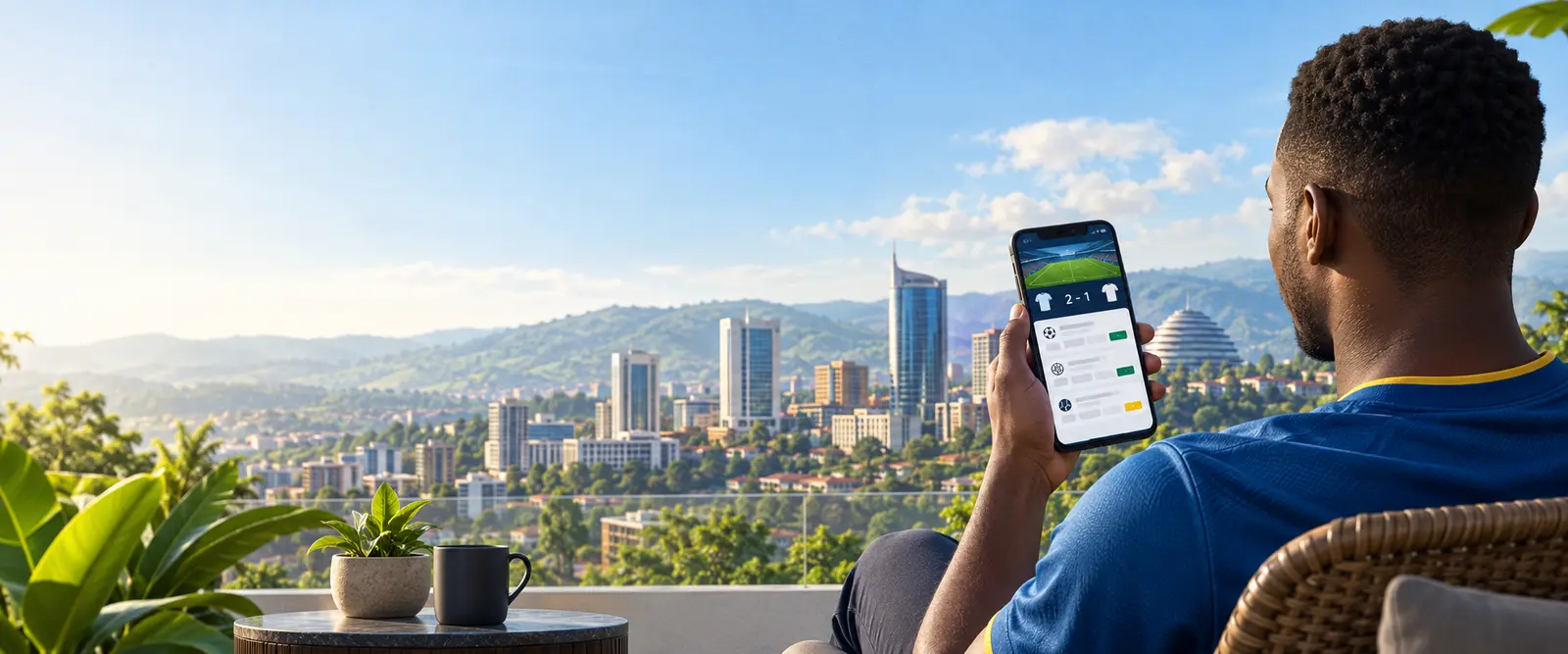 Adult sports fan reviewing a mobile sports interface overlooking Kigali